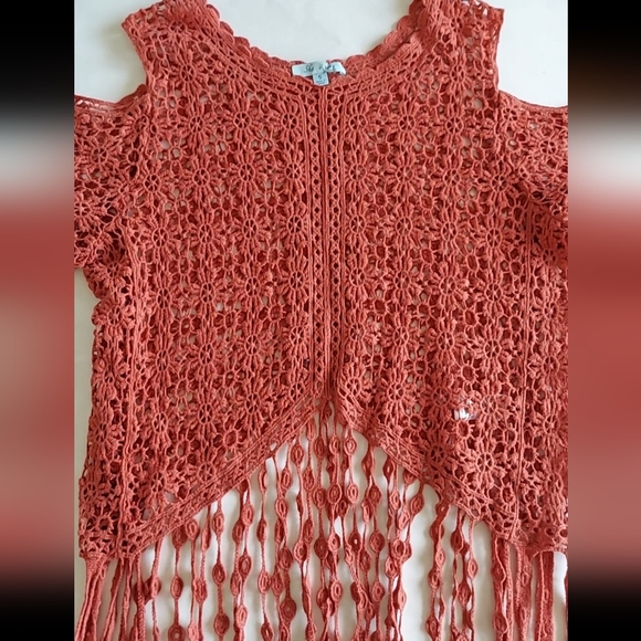 Cold shoulder crocheted floral sweater with fringe by She + Sky - Picture 3 of 9